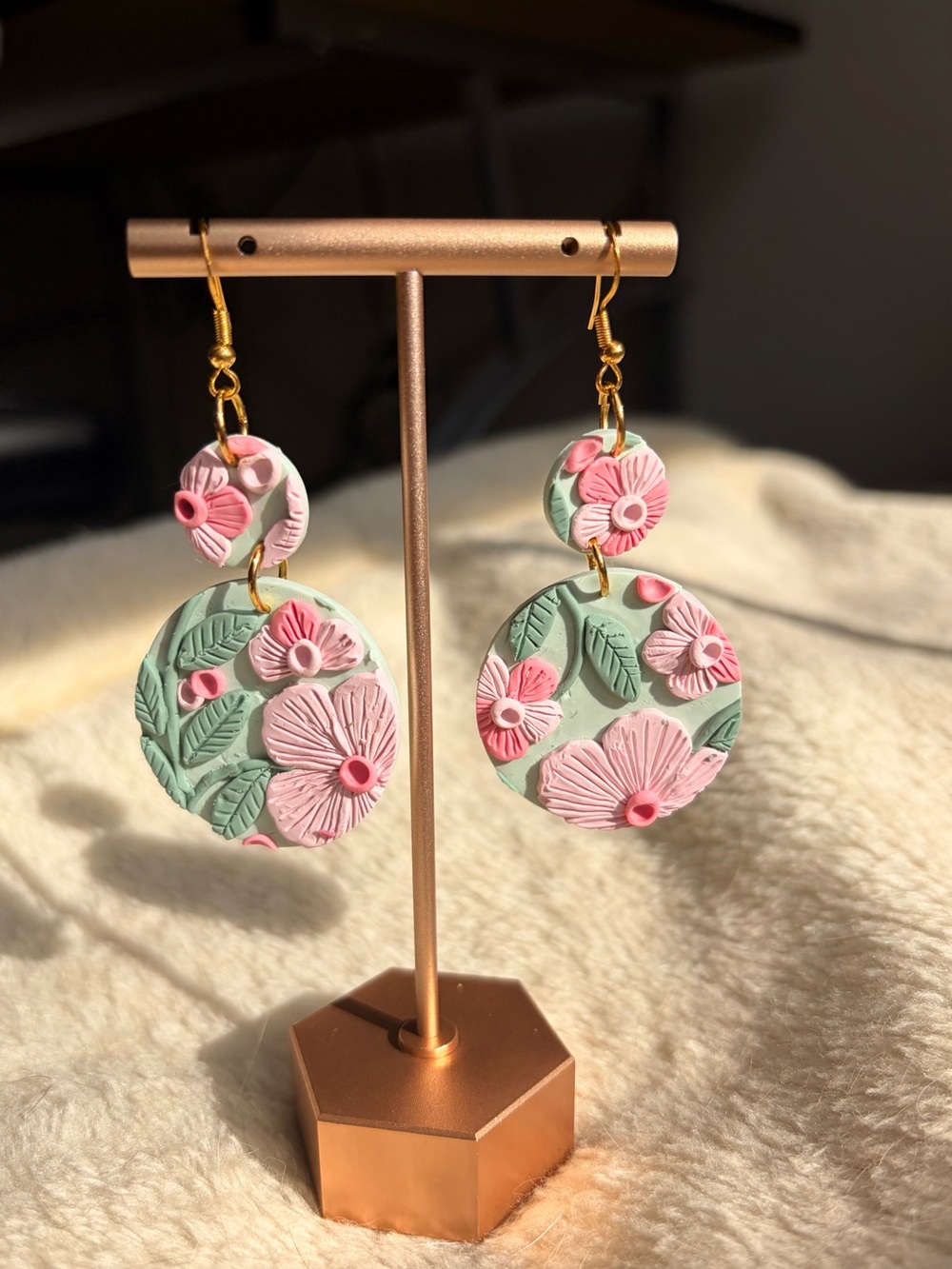 Pink & Mint Floral Dangle Earrings with Gold Hooks